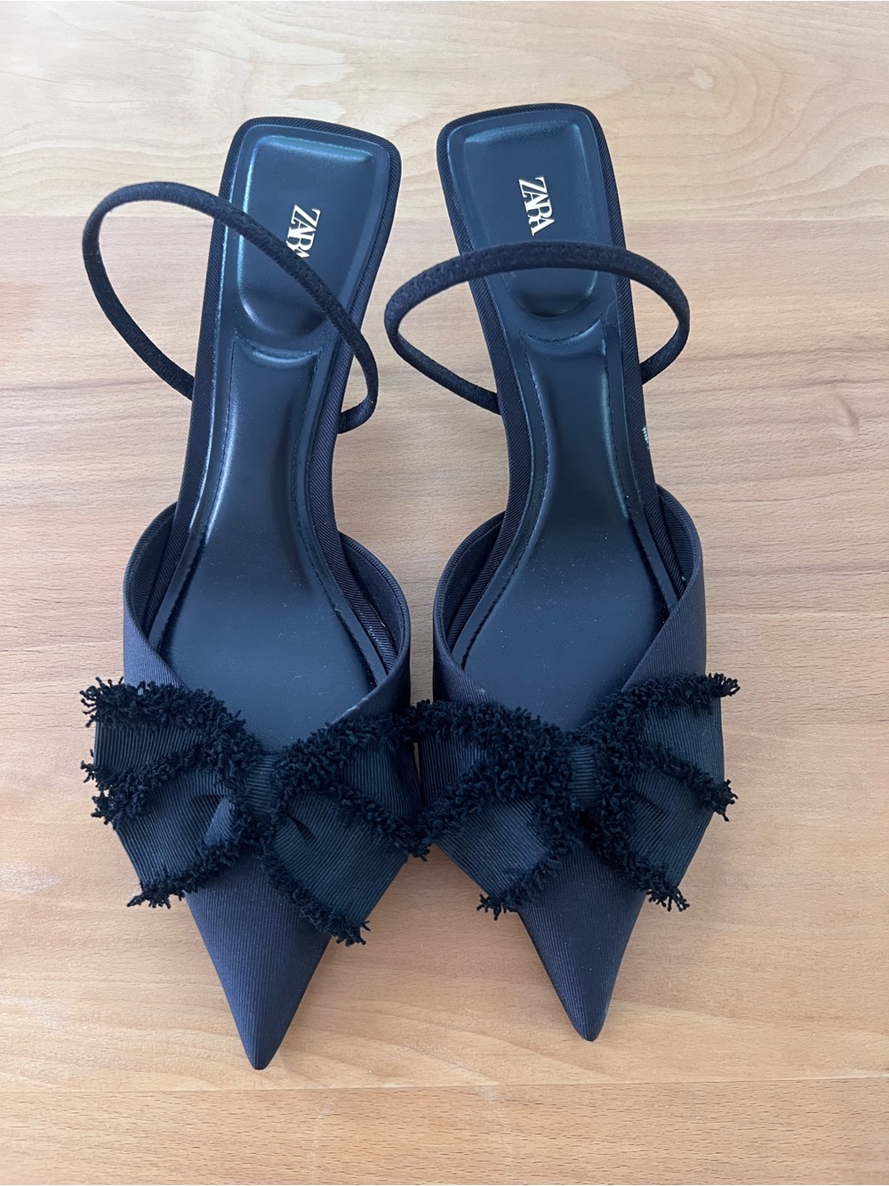 Zara Black Pointed Bow Slingback Heels with Frayed Detail